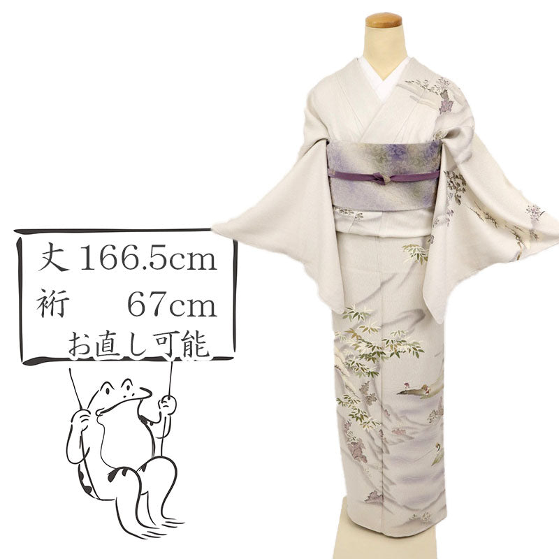 【中古】長尺 訪問着 渓谷の釣り人風景 フォーマル 略礼装 淡いグレー 灰色身丈166.5cm 裄丈67cm 袷 きもの 和装 HH12-7 lsize トールサイズ