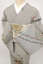画像をギャラリービューアに読み込む, 小さめ 訪問着『汕頭刺繍』レースに花々の丸唐草 フォーマル 濃灰 和装きもの 正絹着物 HH2-31
