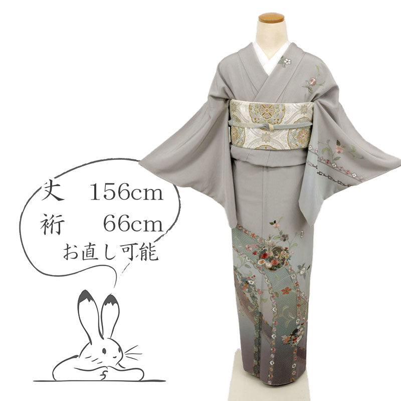 小さめ 訪問着『汕頭刺繍』レースに花々の丸唐草 フォーマル 濃灰 和装きもの 正絹着物 HH2-31