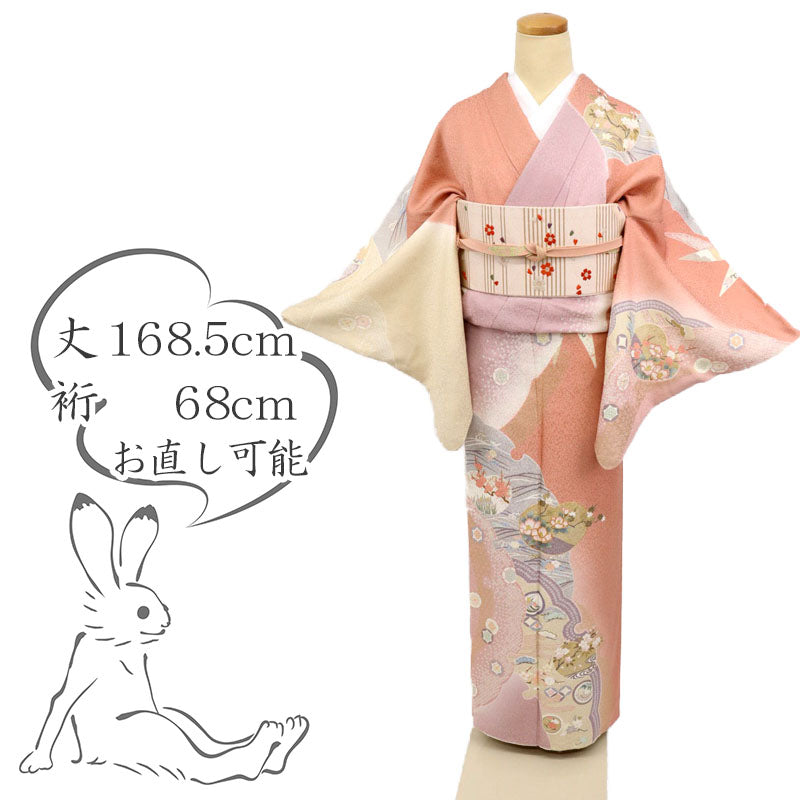 【中古】長尺 訪問着 雪輪取りに団扇松竹梅花 フォーマル 略礼装 ピンク 身丈168.5cm 裄丈68cm 袷正絹 HM1-14 lsize トールサイズ