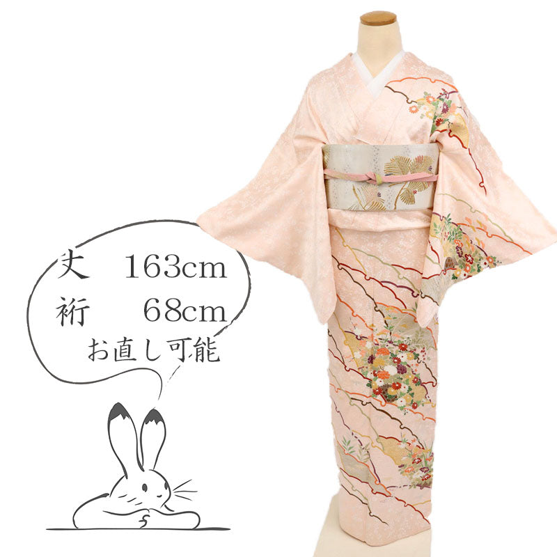 【中古】長尺 訪問着 雪輪重ねに花籠文様 フォーマル 略礼装 ピンク 身丈163cm 裄丈68cm 袷正絹着物 HM10-19