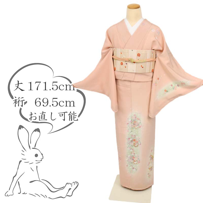 【中古】長尺 付下げ 花車扇のライン セミフォーマル 略礼装 ピンク シンプル 身丈171.5cm 裄丈69.5cm 袷正絹着物 HM10-21 lsize トールサイズ