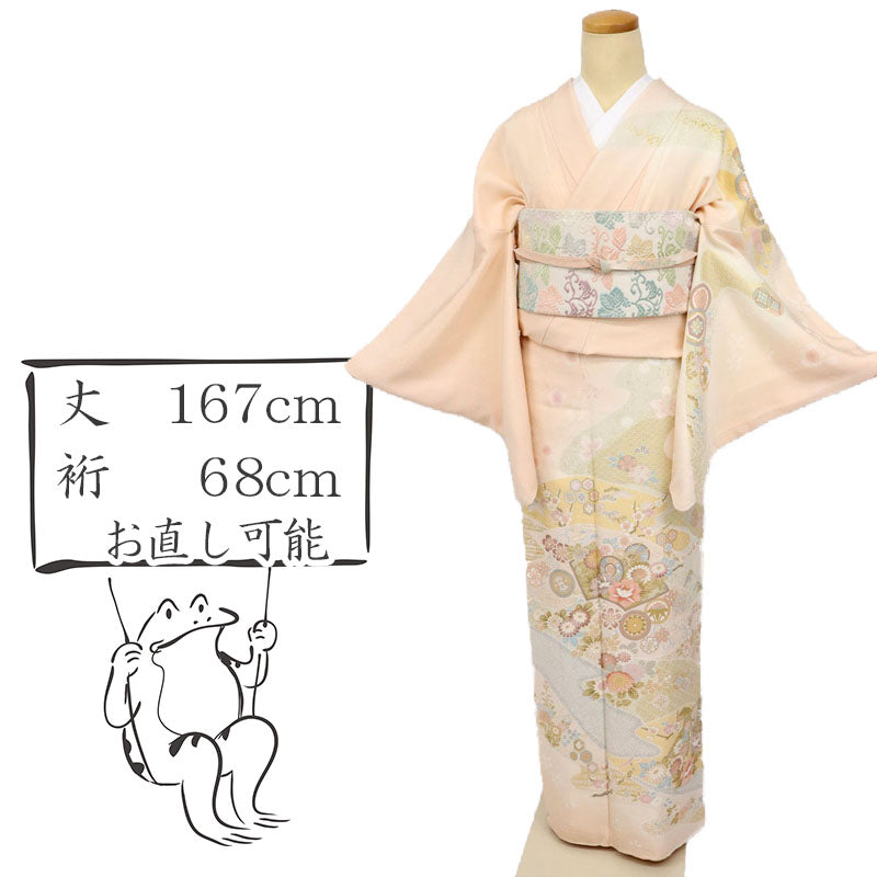 【中古】長尺 訪問着 重ね松皮菱に地紙吉祥文松竹梅 フォーマル 略礼装 肌色 身丈167cm 裄丈68cm 袷正絹着物 HM2-1