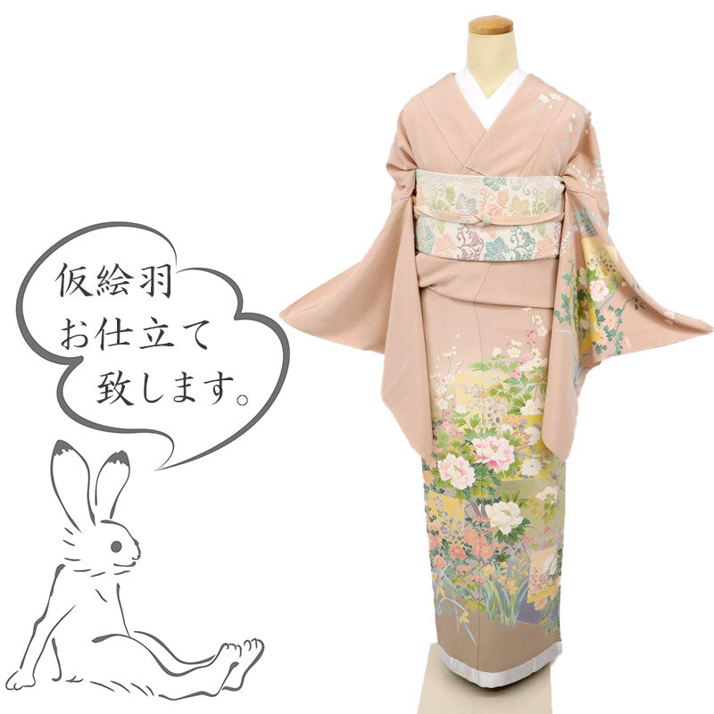 【仮絵羽】訪問着 色紙に咲き誇る花々文 作家物 ピンク フォーマル 準礼装 和装 袷正絹着物 HM4-3
