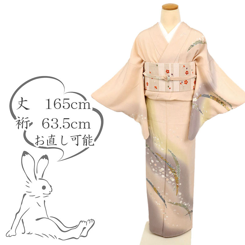 【中古】長尺 訪問着 雪芝に宝尽くしの刺繍と鹿の子柄 フォーマル 肌色 身丈165cm 裄丈63.5cm 和装 きもの 袷正絹着物 HM9-9 lsize トールサイズ