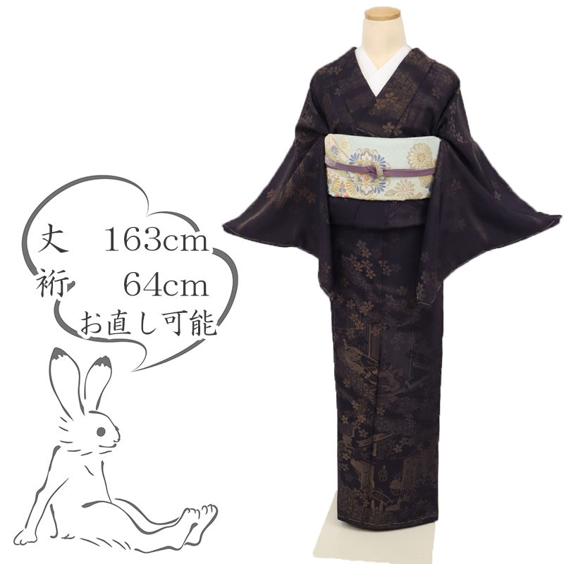 【中古】長尺 お召 訪問着 源氏物語絵図霞に舞桜 フォーマル 略礼装 黒茶色 身丈163cm 裄丈64cm 袷正絹着物 HP1-6 lsize トールサイズ