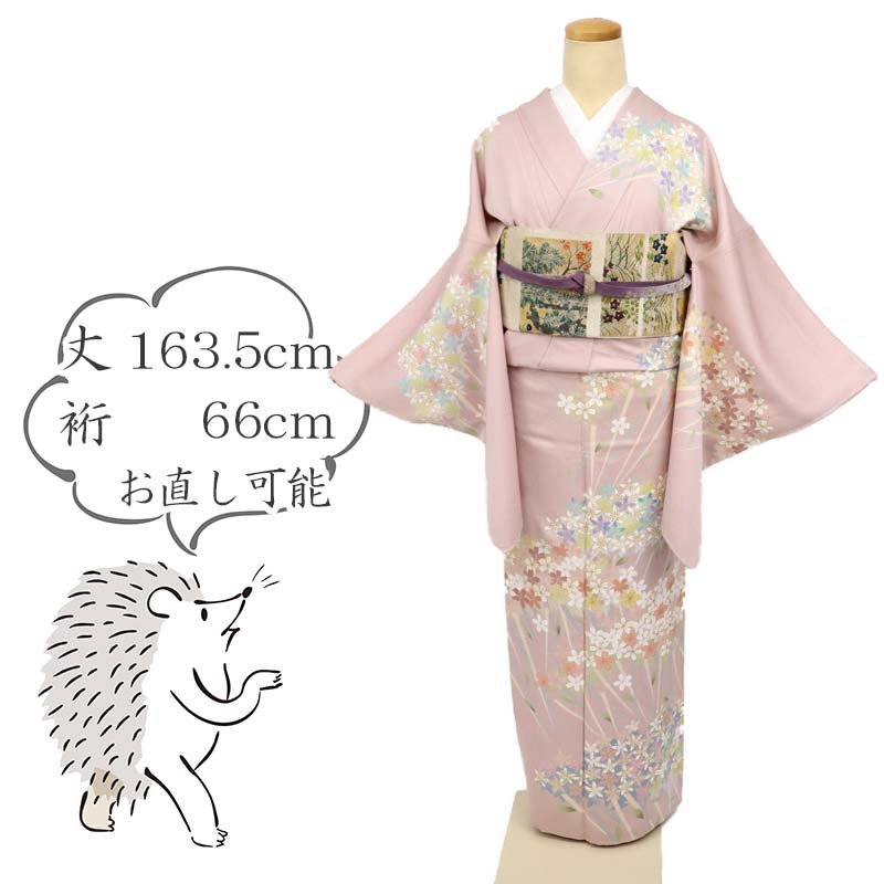 【中古】訪問着 長尺 彩る小さな花々桜の花模様 フォーマル 灰桜ピンク 身丈163.5cm 裄丈66cm 袷正絹着物 HP10-9 lsize トールサイズ