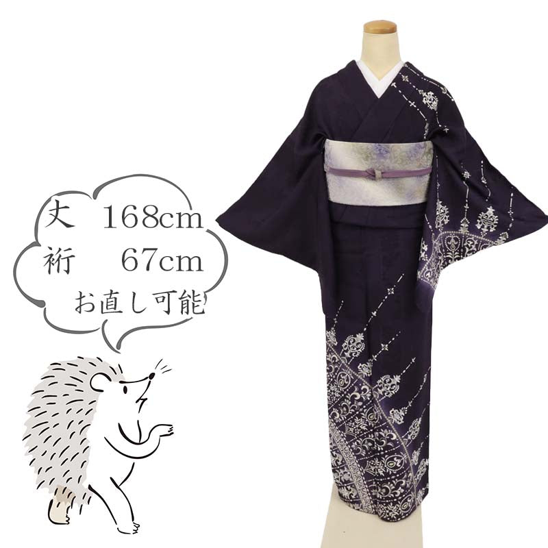 【中古】長尺 訪問着 豪華刺繍 エレガント華文 フォーマル 略礼装 黒紫色 パープル 身丈168cm 裄丈67cm 袷正絹 HP12-1 lsize