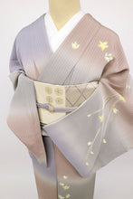 画像をギャラリービューアに読み込む, 【中古】訪問着 横段と揺れる小さな蘭の花模様 フォーマル 略礼装 紫系多色 身丈157cm 裄丈63cm 袷正絹着物 HP3-4
