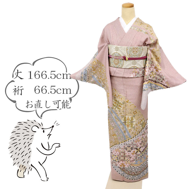 【中古】長尺 訪問着 花唐草モザイク柄 鴇浅葱 ピンク フォーマル 略礼装 背紋有 身丈166.5cm 裄丈66.5cm 袷正絹着物 HP3-6