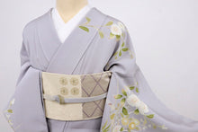 画像をギャラリービューアに読み込む, 【中古】長尺 訪問着 菊桔梗に白椿の花模様 藤色 フォーマル 略礼装 背紋有 身丈164.5cm 裄丈66cm 袷正絹着物 HP3-8
