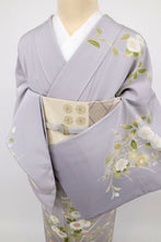 画像をギャラリービューアに読み込む, 【中古】長尺 訪問着 菊桔梗に白椿の花模様 藤色 フォーマル 略礼装 背紋有 身丈164.5cm 裄丈66cm 袷正絹着物 HP3-8
