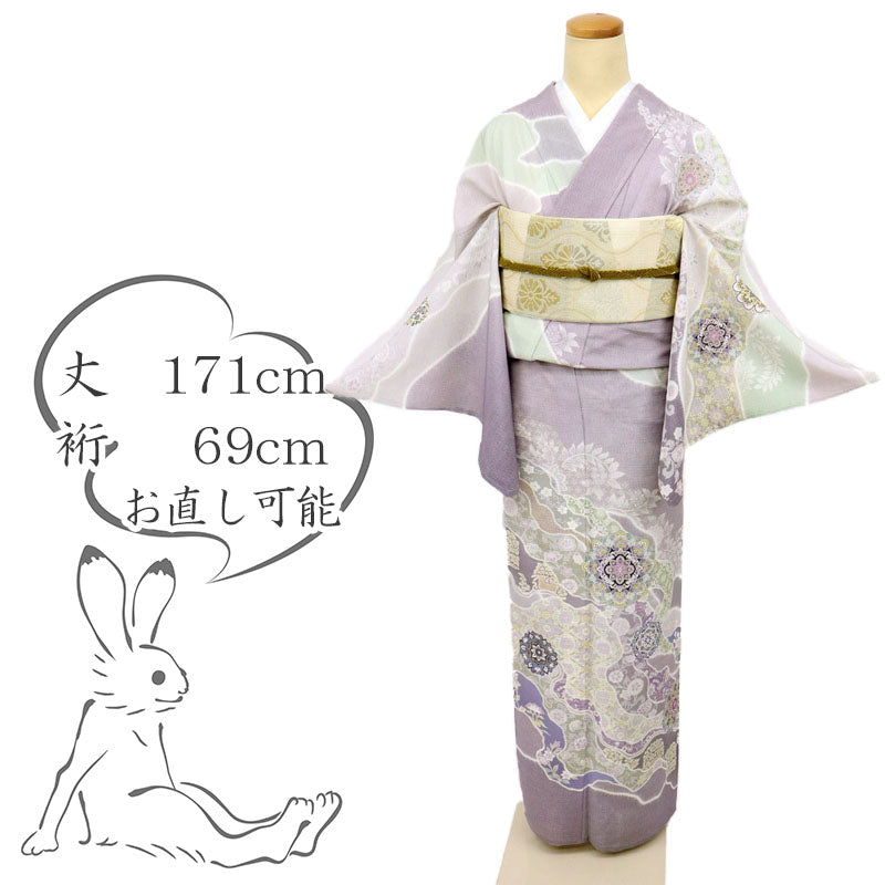 【中古】新品 長尺 夏着物『絽』訪問着 道長取り宝相華 フォーマル 略礼装 紅藤色 身丈171cm 裄丈69cm 正絹着物 HP5-2