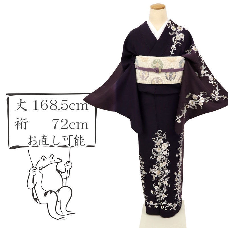 【中古】長尺 刺繍 訪問着 極上花唐草模様 黒紅色×黒鳶色 袷正絹着物 HP7-5