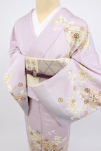 画像をギャラリービューアに読み込む, 【中古】訪問着 エレガント 花菱七宝に花唐草模様 鴇鼠色 略礼装 フォーマル 身丈157cm 裄丈64cm 袷正絹着物 HP9-13
