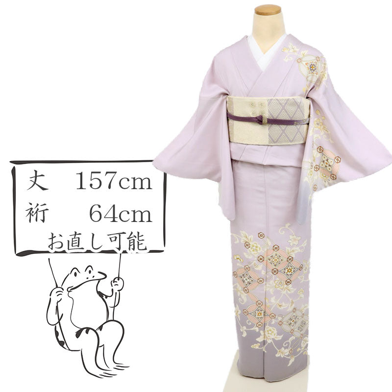 【中古】訪問着 エレガント 花菱七宝に花唐草模様 鴇鼠色 略礼装 フォーマル 身丈157cm 裄丈64cm 袷正絹着物 HP9-13