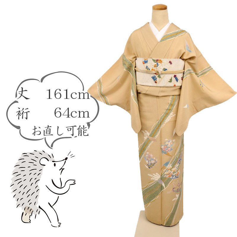 【中古】訪問着 立浪ライン花模様 作家物落款有 フォーマル 略礼装 ベージュ 身丈161cm 裄丈64cm 袷正絹着物 きもの 和装 HY10-27