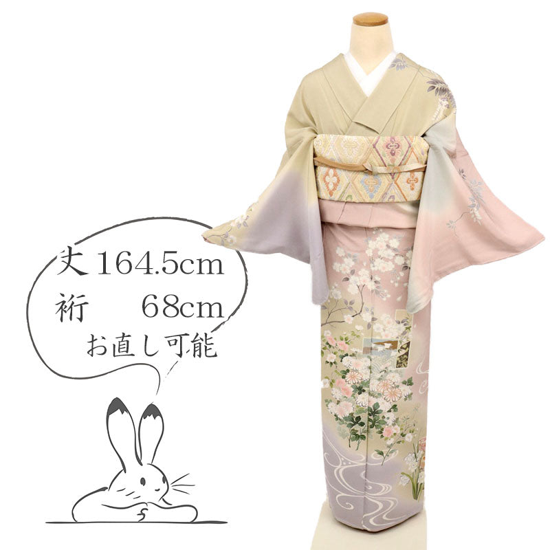 【中古】長尺 訪問着 色紙に麗しの花々模様 フォーマル 灰ピンク 略礼装 身丈164.5cm 裄丈68cm 袷正絹着物 HY12-8 lsize トールサイズ