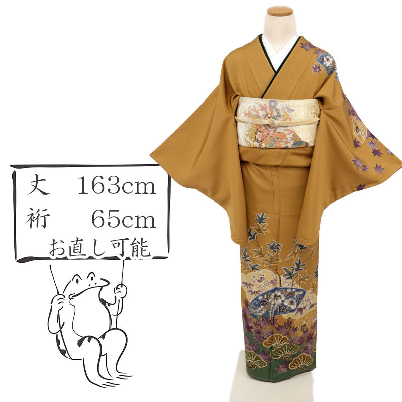 【中古】訪問着 花井幸子 雲文地紙に吉祥文様松竹梅 フォーマル 黄唐茶 身丈163cm裄丈65cm 和装きもの 袷正絹着物 HY2-25 lsize