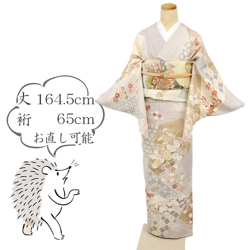 【中古】長尺 訪問着 氷割取りに四季折々の花々模様 フォーマル 略礼装 グレー 身丈164.5cm 裄丈65cm 袷正絹着物 HY3-3