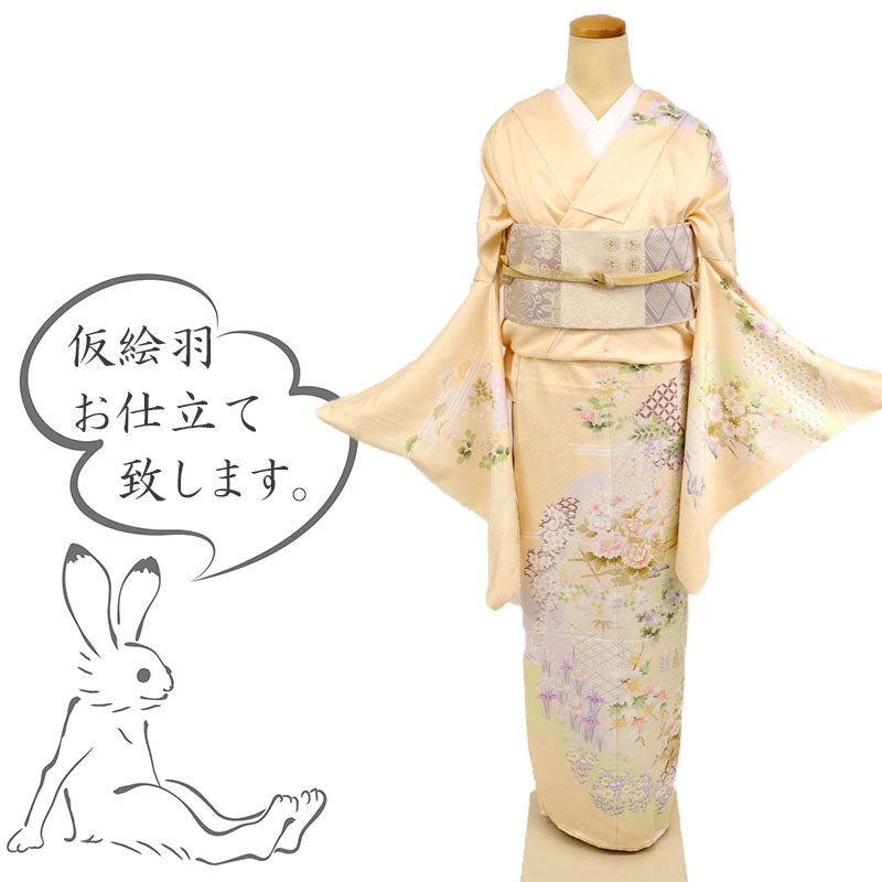 仮絵羽 訪問着 籬に麗しの花々模様 フォーマル 黄色 薄香色 和装きもの 袷正絹着物 HY9-15