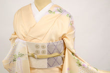 画像をギャラリービューアに読み込む, 仮絵羽 訪問着 籬に麗しの花々模様 フォーマル 黄色 薄香色 和装きもの 袷正絹着物 HY9-15
