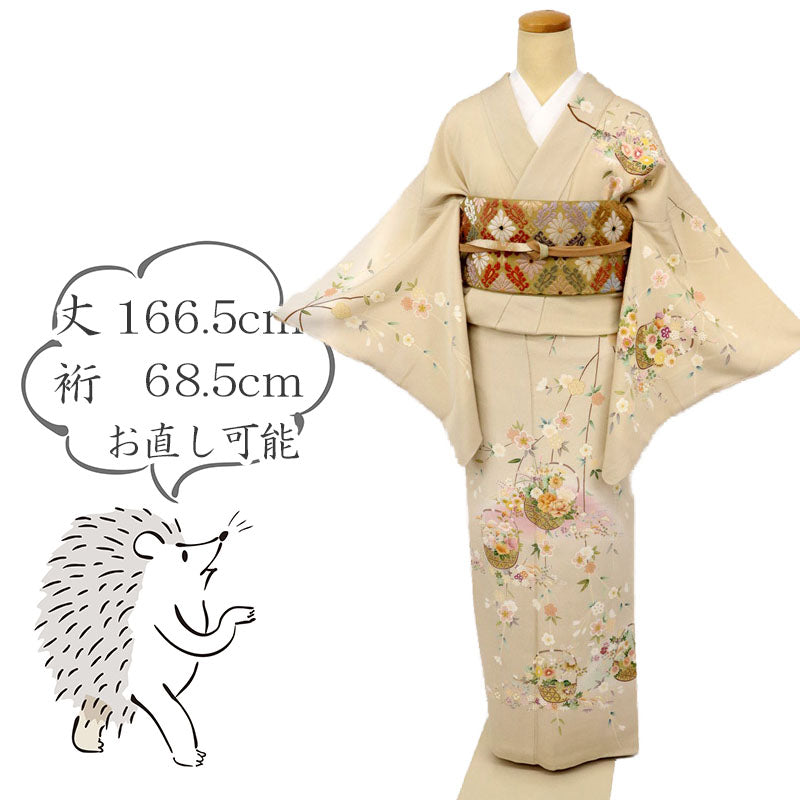 【中古】訪問着 長尺 花籠に桜の花模様 フォーマル ベージュちりめん 略礼装 身丈166.5cm 裄丈68.5cm 袷正絹着物 HY9-21 lsize トールサイズ