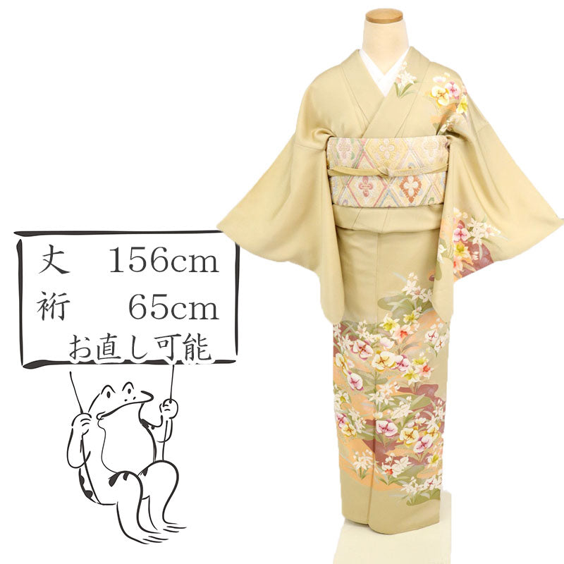 【中古】上質特選 訪問着 しっとり蘭の花模様 ベージュ 袷正絹着物 HY9-4