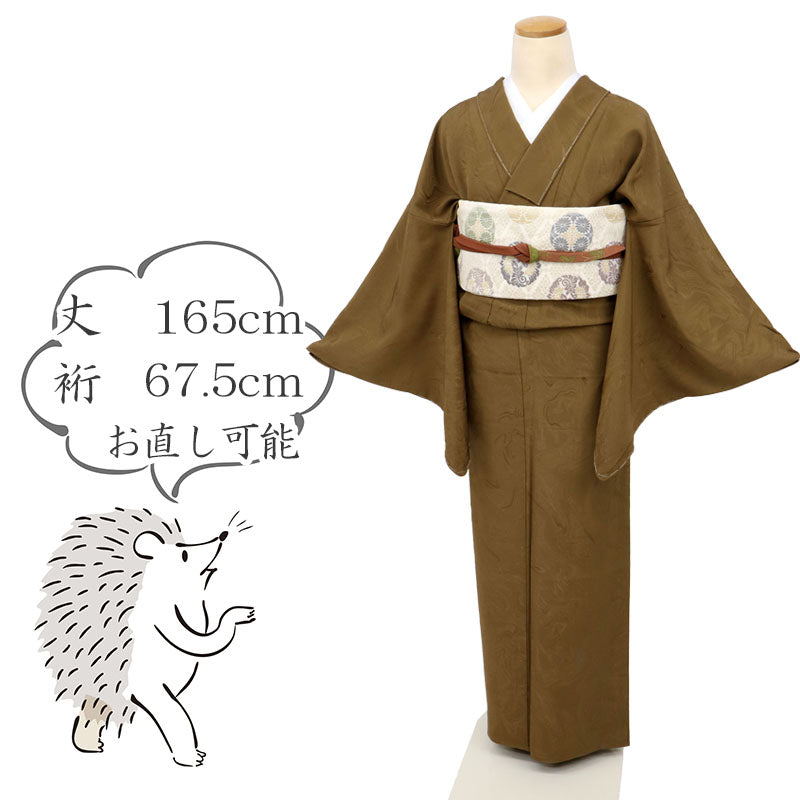 【中古】長尺 単衣 色無地 墨流し地模様 背紋有 濃淡茶色 フォーマル 略礼装 身丈165cm 裄丈67.5cm 正絹着物 IC4-19