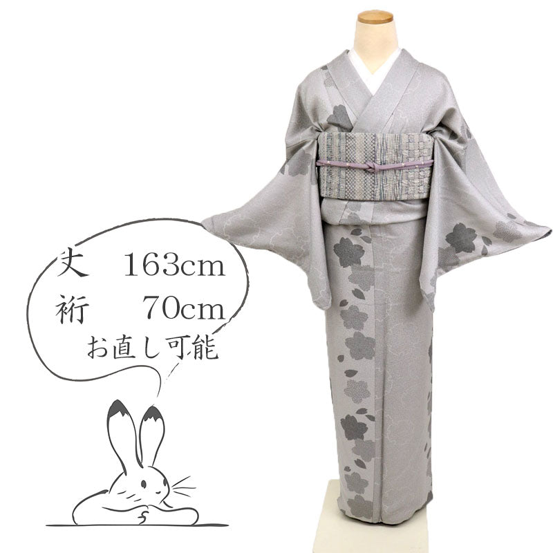 【中古】小紋 桜のライン雪輪模様 長尺 カジュアル グレー 灰色 身丈163cm 裄丈70cm 花の地紋 普段着 袷正絹着物 きもの 和装 KH1-18 lsize