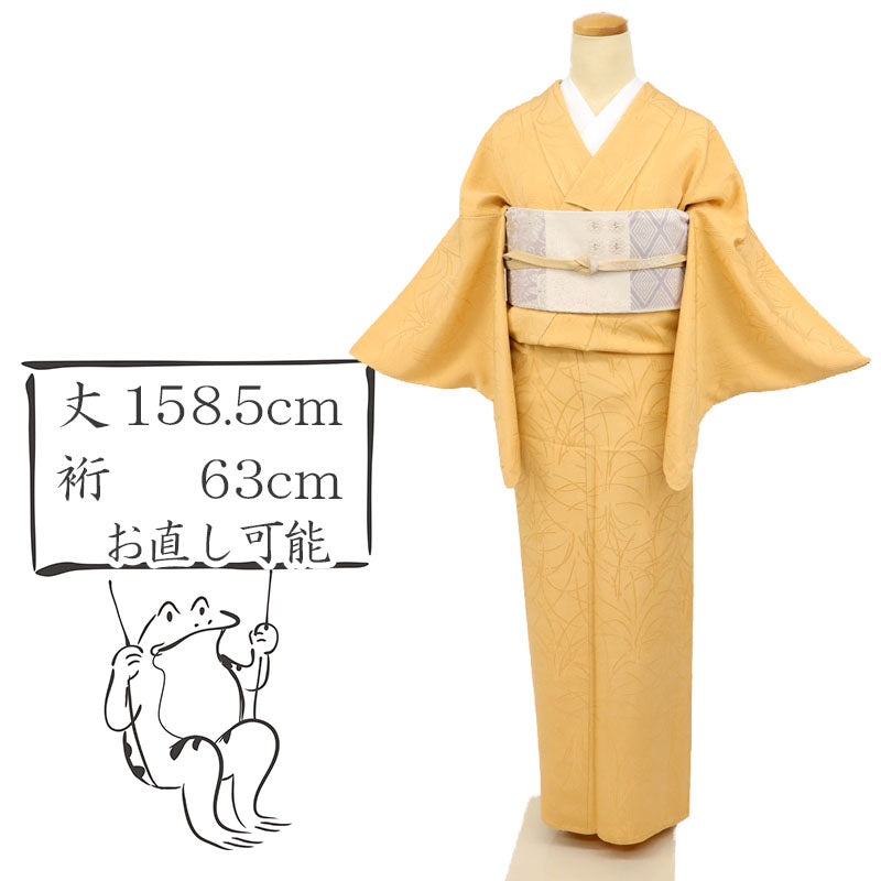 【中古】単衣 色無地 飴色 植物地模様 三つ紋 フォーマル 略礼装に♪ 身丈158.5cm 裄丈63cm 正絹着物 IP5-5
