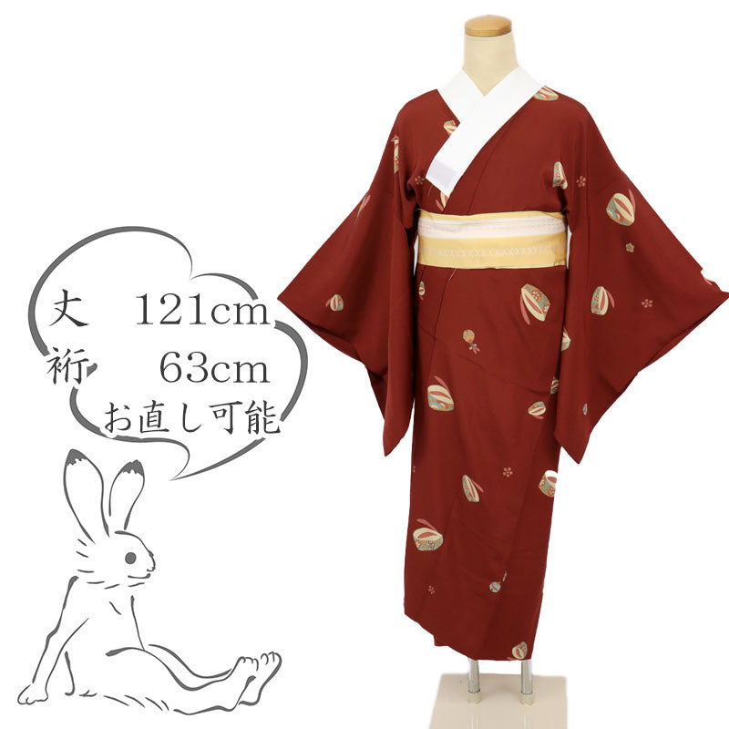 【中古】上質 長襦袢 赤茶色 はんなりぽっくり 着物下 身丈121cm 裄丈63cm 正絹 和装 きもの J7-3