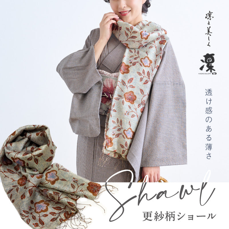 きものギャラリー凛 更紗柄シルクショール ブルーグレー 透け感 薄手 春 夏 ショール ストール インド製 風除け 和装 洋装 着物 小紋 訪問着 着付け 羽織 着物防寒 冬用 着物ショール 道中着 和装小物 プレゼント 誕生日 敬老