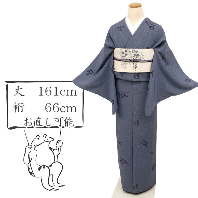 【中古】江戸小紋 作家物 竹縞七宝寄せ柄 紫×灰青 カジュアル 身丈161cm 裄丈66cm 落款有 袷正絹着物 KA2-22
