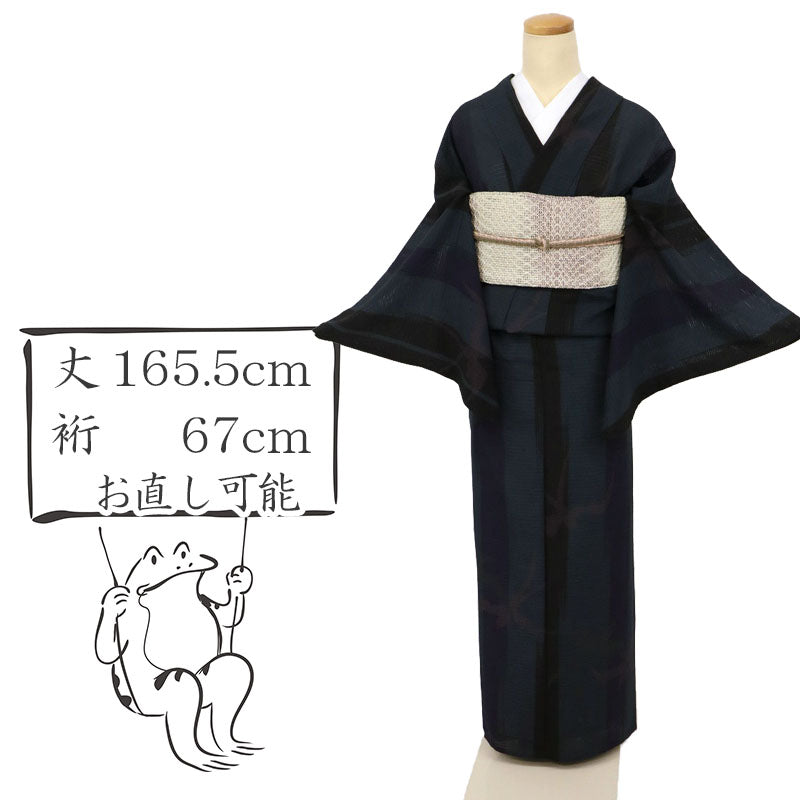 【中古】洗える 夏着物 絽『撫松庵』かすれ縞にツバメ カジュアル 黒紺 身丈165.5cm 裄丈67cm 化繊着物 KA5-19