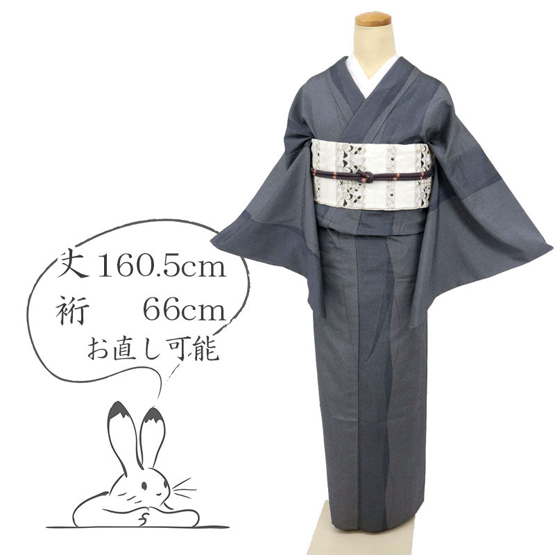 【中古】単衣 塩沢お召 ゆるやか流線の縦ライン絣織り カジュアル 青墨 肌色 身丈160.5cm 裄丈66cm 正絹着物 KA5-20