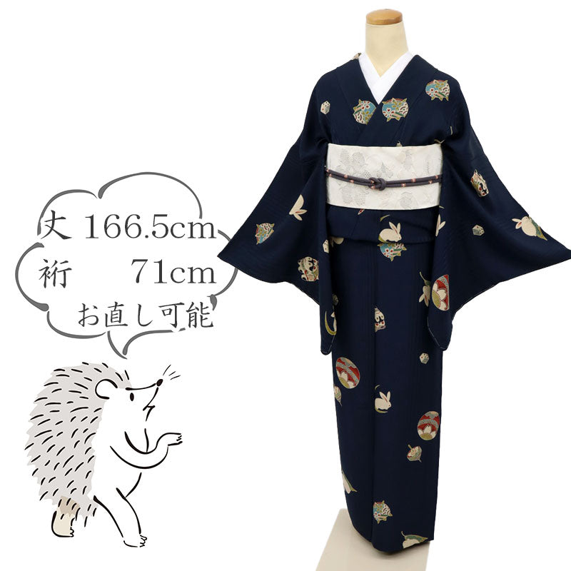 【中古】長尺 単衣 小紋 懐かしの玩具 サイコロ手毬狛犬 濃紺 カジュアル 作家落款有 身丈166.5cm 裄丈71cm 正絹着物 KA6-3