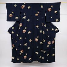 画像をギャラリービューアに読み込む, 【中古】長尺 単衣 小紋 懐かしの玩具 サイコロ手毬狛犬 濃紺 カジュアル 作家落款有 身丈166.5cm 裄丈71cm 正絹着物 KA6-3
