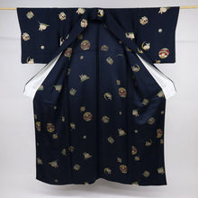 画像をギャラリービューアに読み込む, 【中古】長尺 単衣 小紋 懐かしの玩具 サイコロ手毬狛犬 濃紺 カジュアル 作家落款有 身丈166.5cm 裄丈71cm 正絹着物 KA6-3
