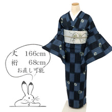 画像をギャラリービューアに読み込む, 【中古】長尺 洗える夏着物 小紋 さくらの花丸模様 カジュアル 黒×青灰色 身丈166cm 裄丈68cm 化繊 KA7-55
