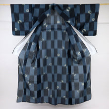 画像をギャラリービューアに読み込む, 【中古】長尺 洗える夏着物 小紋 さくらの花丸模様 カジュアル 黒×青灰色 身丈166cm 裄丈68cm 化繊 KA7-55
