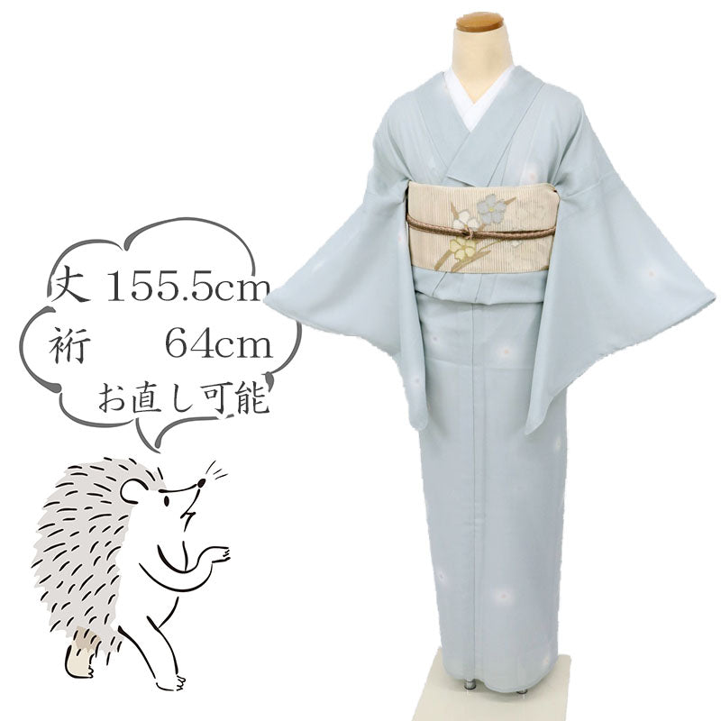 【中古】洗える夏着物 小紋『森英恵』彩りの蛍ぼかし 蕎麦切色 水色 化繊着物 カジュアル 身丈155.5cm 裄丈64cm KA9-6