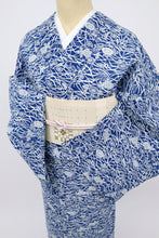 画像をギャラリービューアに読み込む, 【中古】綿絽 木綿 浴衣 芝草に菊牡丹 ブルー バチ衿 身丈158cm 裄丈63.5cm 木綿着物 KA9-8
