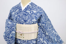 画像をギャラリービューアに読み込む, 【中古】綿絽 木綿 浴衣 芝草に菊牡丹 ブルー バチ衿 身丈158cm 裄丈63.5cm 木綿着物 KA9-8
