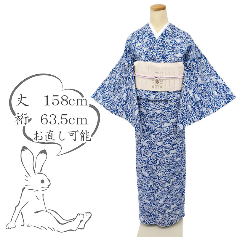 【中古】綿絽 木綿 浴衣 芝草に菊牡丹 ブルー バチ衿 身丈158cm 裄丈63.5cm 木綿着物 KA9-8