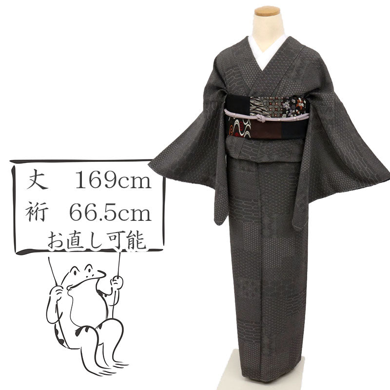 【中古】長尺 江戸小紋寄せ柄 作家物 落款有 カジュアル 黒×グレー 身丈169cm 裄丈66.5cm 袷正絹着物 KB3-6