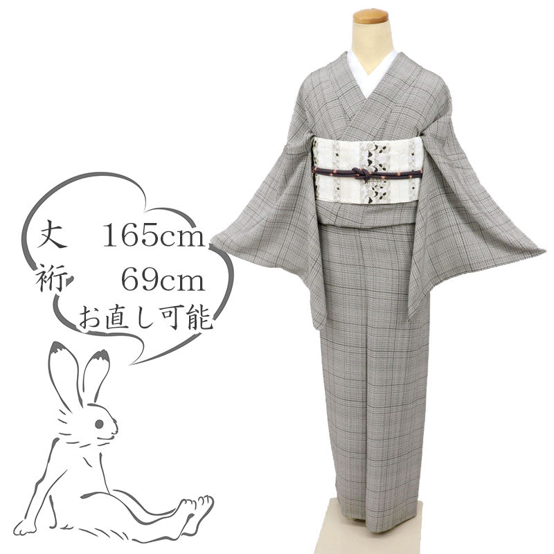 【中古】単衣 小紋 長尺 シンプル大小格子チェック柄 濃淡グレー カジュアル 身丈165cm 裄丈69cm 正絹着物 KB4-45