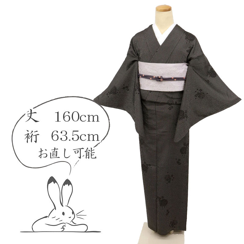 【中古】単衣 小紋 塩沢お召 細やか縞と丸文に舞う花模様 黒 カジュアル 身丈160cm 裄丈63.5cm 正絹着物 KB5-46