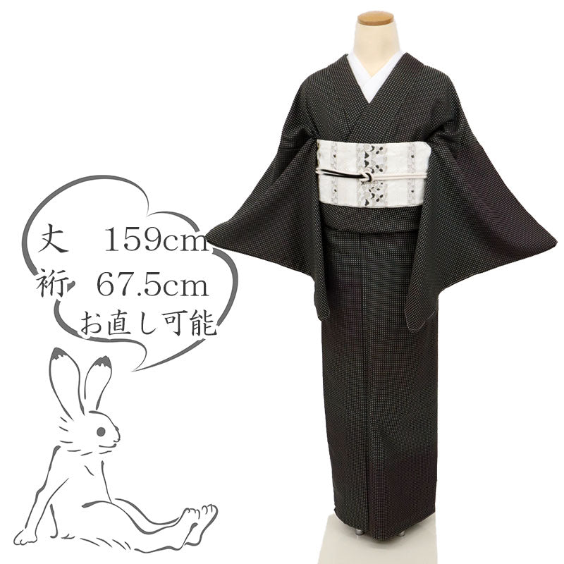 【中古】特選 単衣 お召 小さなドットの横段 黒茶色 身丈159cm 裄丈67.5cm 正絹着物 KB6-12
