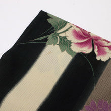 画像をギャラリービューアに読み込む, 【中古】洗える夏着物 小紋 太縞に菊花、芍薬の花 カジュアル 黒茶砂色 身丈161.5cm 裄丈64cm 化繊 KB6-15
